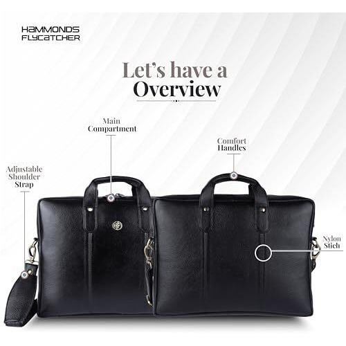 Hammonds Flycatcher Genuine Leather Office Bag For Men, Laptop Bag For Men, Leather Bag For Men For 14 Inch Laptop, Adjustable Strap, Multi Compartments, Water Resistant, 1 Year Warranty - Black