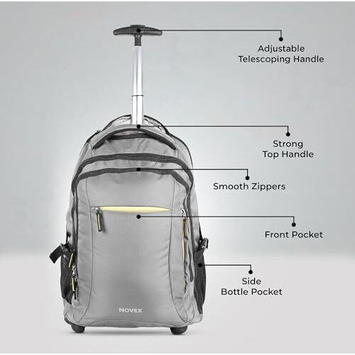 Novex Pacific 35 Litre Water Resistant Laptop Trolley Bags For Travel With 3 Compartments 15.6" Roller Case For Office Travel Grey Bag For Men & Women | 2 Wheels Trolley Backpack Laptop