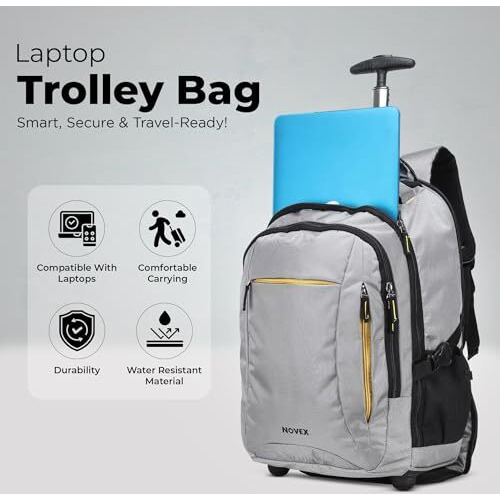 Novex Pacific 35 Litre Water Resistant Laptop Trolley Bags For Travel With 3 Compartments 15.6" Roller Case For Office Travel Grey Bag For Men & Women | 2 Wheels Trolley Backpack Laptop