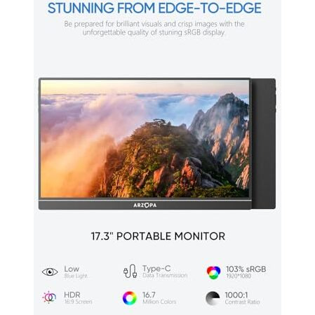 Arzopa 17.3'' Portable Monitor,103% Srgb Fhd 1080P Ips Gaming Monitor Laptop Monitor With Built-In Kickstand Speaker Hdmi Usb C 60Hz External Screen For Pc Macbook Mobile Xbox Ps5