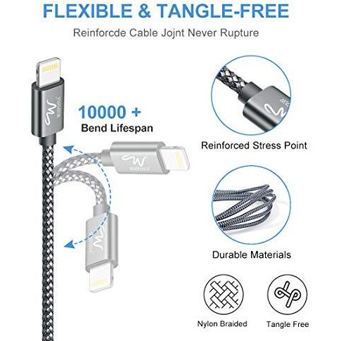 Wayona Nylon Braided Lightning Cable 2 Meter Long Usb Data Sync & Charging Cable For Iphones, Ipad Air, Ipad Mini, Ipod Nano And Ipod Touch (6 Ft Pack Of 1, Grey)
