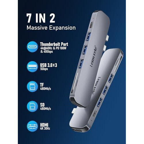 Lemorele 7-In-2 Macbook Usb C Hub With Thunderbolt 4, Usb 3.0, 4K Hdmi, 100W Pd, Sd/Tf, Compatible With Macbook Pro/Air M1 To M4