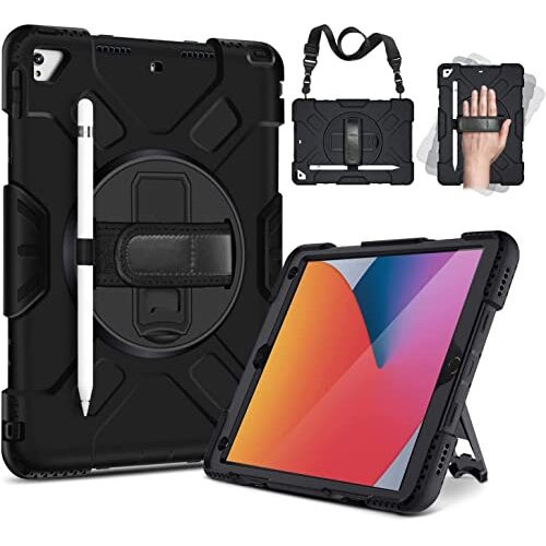 Proelite Rugged 3 Layer Armor Case For Apple Ipad 10.2" (2021) / 8Th Gen With Hand Grip, Pencil Holder And Rotating Kickstand, Black