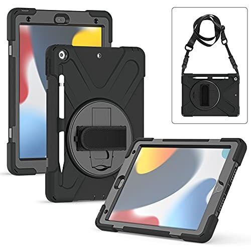 Proelite Rugged 3 Layer Armor Case For Apple Ipad 10.2" (2021) / 8Th Gen With Hand Grip, Pencil Holder And Rotating Kickstand, Black
