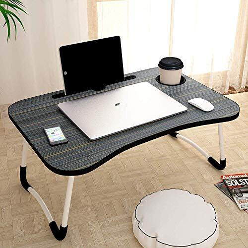 Ketisa Multipurpose Foldable Laptop Table With Cup, Pen Holder & Docking For Tablet | Work From Home, Writing Table, Bed Table, Breakfast Table, Portable (Black - 60[Cm] X 40[Cm] X 24[Cm]), Wood