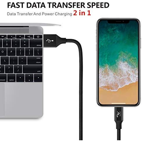 Wayona Nylon Braided Long Lightning To Usb Syncing And Fast Charging Carplay Charger Cable For Iphone, Ipad (6 Ft, Black) - Pack Of 2