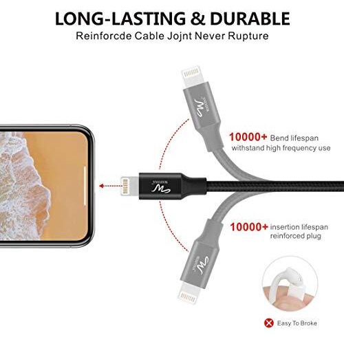 Wayona Nylon Braided Long Lightning To Usb Syncing And Fast Charging Carplay Charger Cable For Iphone, Ipad (6 Ft, Black) - Pack Of 2