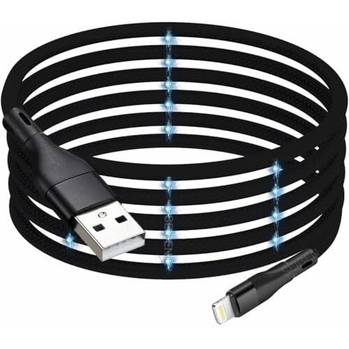 Magnetic Coiled Type A - Lightning Cable Compatible With Iphone, Ipad & Airpods, 65W / 3.1A Magnetic O-Magcable Nylon Braided Magcable Pd Technology, Qc 3.0 Charging - 1.2 Meter , Type A - L , Black