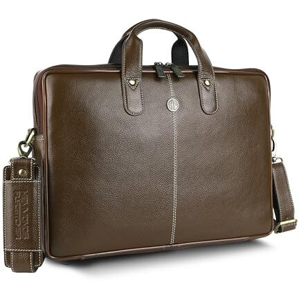 Hammonds Flycatcher Genuine Leather Office Bag For Men - 15.6 Inch Laptop Bag For Men For Professionals, Business Travelers - Adjustable Straps & Multiple Compartments - 1 Year Warranty - Brushwood
