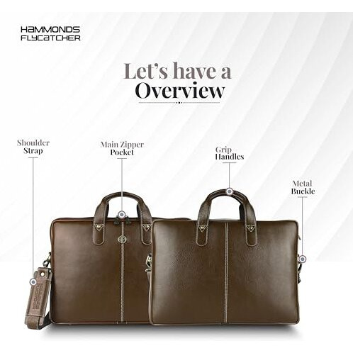 Hammonds Flycatcher Genuine Leather Office Bag For Men - 15.6 Inch Laptop Bag For Men For Professionals, Business Travelers - Adjustable Straps & Multiple Compartments - 1 Year Warranty - Brushwood