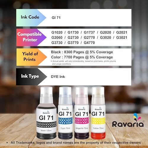 Ravaria Gi 71 Ink For Cn Printer G1020 G1730 G1737 G2020 G2021 G2060 G3020 G3730 G3770 G4770 (Gi 71 Ink Cmyk 1 Set)