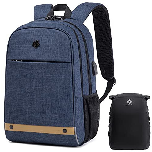 Golden Wolf Laptop Backpack With Rain Cover Anti-Theft Backpack With Lock 15.6-Inch Laptop Pocket With Usb Port Water Resistant 25L Multi-Pockets For Men Women Office Casual College,Blue