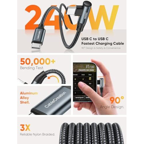 Cablecreation 240W Usb C To Usb C Fast Charging Cord Right Angle,6Ft Braided Type C To C Charger Cord For Iphone 15,Macbook Pro/Air,Ipad Pro/Air/Mini,Galaxy S24/S23/S22+,Compatible 140W/100W/60W,Black