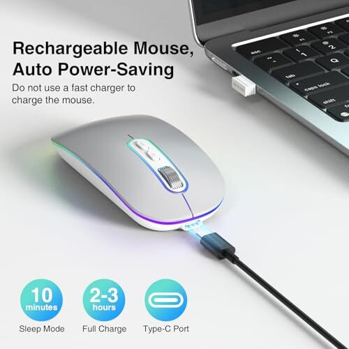 Cimetech Dual Mode (Bt 5.1+2.4G) Wireless Mouse For Laptop, 1200 Dpi Portable Lightweight Rechargeable Mouse With Led Lights, Compatible With Mac Os/Windows/Chrome Os - Silver