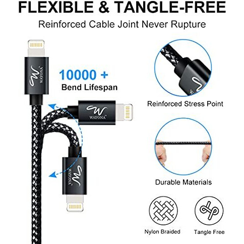 Wayona Nylon Braided Lightning To Usb A Data Sync & Fast Charging Cable 3A Charger Lead Carplay Cable Compatible For Iphone, Ipad Pro (3 Ft Pack Of 1, Black)