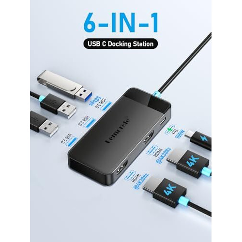 Lemorele Usb C Laptop Docking Station, 6-In-1 Dual Display Adapter With 4K Dual Hdmi For Macbook Pro, Macbook Air, Hp, Dell, Surface, Windows