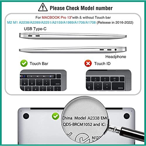 Eoocoo Hard Case Compatible For Macbook Pro 13 Inch Case M2 A2338 A2251 M1 A2289 A2159 A1989 A1706,2024,2023,2022-2017 Released, Plastic Hard Shell & Keyboard Cover & Screen Protector - Crystal Clear