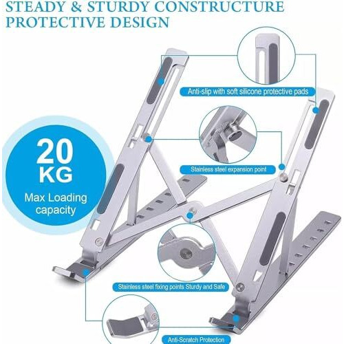 Ednita Laptop Stand For Desk Holder Computer Portable Foldable Adjustable Notebook Stands, Aluminium Metal Macbook Stand, Compatible With 10-15.6 Inch Laptops, Ipad-Grey Black