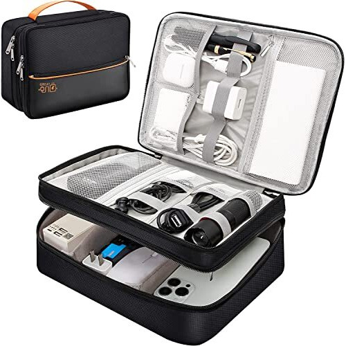 House Of Quirk Polyester Electronics Travel Organizer, Double Layer Cable Organizer Bag Watreproof Electronics Accessories Storage Bag For Cord, Charger, Phone, Power Bank, Hard Drive (Black)