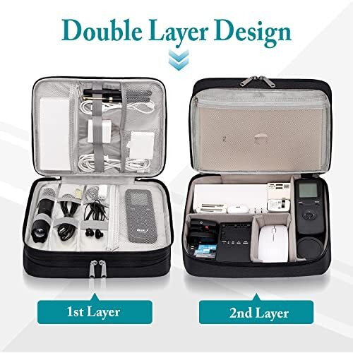 House Of Quirk Polyester Electronics Travel Organizer, Double Layer Cable Organizer Bag Watreproof Electronics Accessories Storage Bag For Cord, Charger, Phone, Power Bank, Hard Drive (Black)