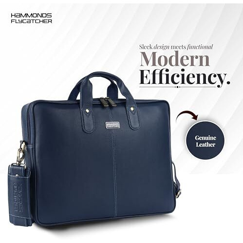 Hammonds Flycatcher Genuine Leather Office Bag For Men - 15.6 Inch Laptop Bag For Men For Professionals, Business Travelers - Adjustable Straps & Multiple Compartments - 1 Year Warranty - Blue_Napa