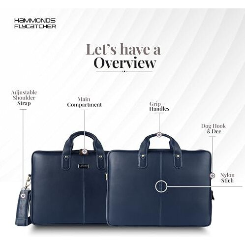 Hammonds Flycatcher Genuine Leather Office Bag For Men - 15.6 Inch Laptop Bag For Men For Professionals, Business Travelers - Adjustable Straps & Multiple Compartments - 1 Year Warranty - Blue_Napa