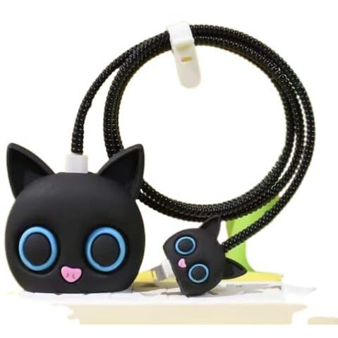 Prolet Cartoon Silicone Charger Case For Only Iphone 18W & 20W Charger And Wire Protector For Lightning Cable - Fun And Protective Cover With 3D Cartoon Design (Charger Not Included) - Black Cat