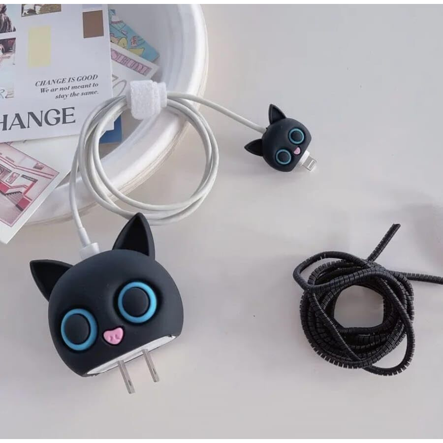 Prolet Cartoon Silicone Charger Case For Only Iphone 18W & 20W Charger And Wire Protector For Lightning Cable - Fun And Protective Cover With 3D Cartoon Design (Charger Not Included) - Black Cat