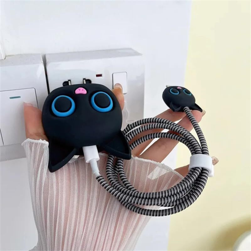 Prolet Cartoon Silicone Charger Case For Only Iphone 18W & 20W Charger And Wire Protector For Lightning Cable - Fun And Protective Cover With 3D Cartoon Design (Charger Not Included) - Black Cat