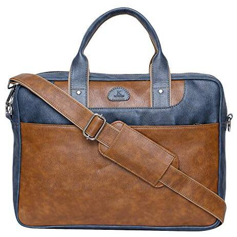 K London Leatherite 15.6 Inches Tan Unisex Bag Cross Over Shoulder Messenger Bag With Laptop Compartment (2103_Tan_Blu)