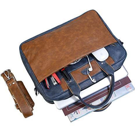 K London Leatherite 15.6 Inches Tan Unisex Bag Cross Over Shoulder Messenger Bag With Laptop Compartment (2103_Tan_Blu)