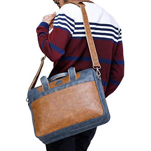 K London Leatherite 15.6 Inches Tan Unisex Bag Cross Over Shoulder Messenger Bag With Laptop Compartment (2103_Tan_Blu)