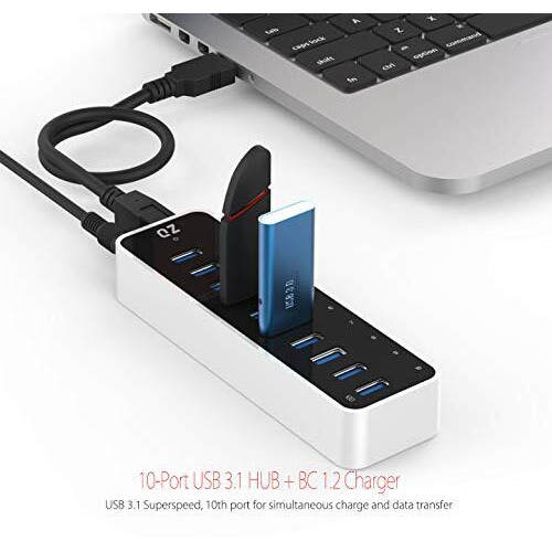 [10 Ports, 12V 5A 60W Power, Industrial Grade] Qz Active Powered Usb Hub, 10 Port Usb Hub With 12V 5A 60W Power Adapter, Usb 3.1 Gen 1