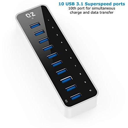 [10 Ports, 12V 5A 60W Power, Industrial Grade] Qz Active Powered Usb Hub, 10 Port Usb Hub With 12V 5A 60W Power Adapter, Usb 3.1 Gen 1
