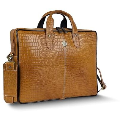 Hammonds Flycatcher Genuine Leather Office Bag For Men - 15.6 Inch Laptop Bag For Men, Professional Leather Bag For Men - Adjustable Straps And Multiple Compartments - 1 Year Warranty - Croc Mango