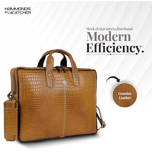 Hammonds Flycatcher Genuine Leather Office Bag For Men - 15.6 Inch Laptop Bag For Men, Professional Leather Bag For Men - Adjustable Straps And Multiple Compartments - 1 Year Warranty - Croc Mango