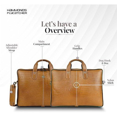 Hammonds Flycatcher Genuine Leather Office Bag For Men - 15.6 Inch Laptop Bag For Men, Professional Leather Bag For Men - Adjustable Straps And Multiple Compartments - 1 Year Warranty - Croc Mango