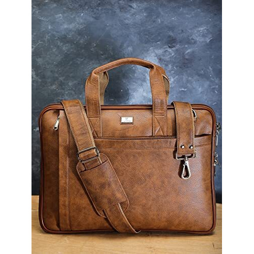 K London 14 Inches Slim Tan Vegan Leather Expandable Unisex Laptop|Macbook Shoulder|Messenger|Office|Travel|Business Bag For Men & Women(1808-Tan)