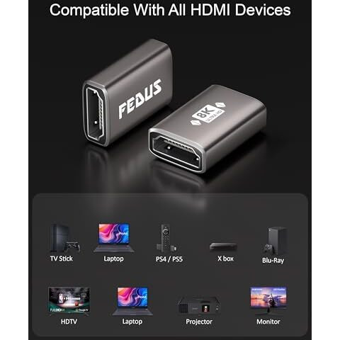 Fedus Hdmi Coupler Female To Jointer Connector 8K@60Hz 4K@144Hz 1080P 2.1 Cable Extender Repeater Adaptor For Laptop, Computer, Monitor, Roku Tv, Firestick