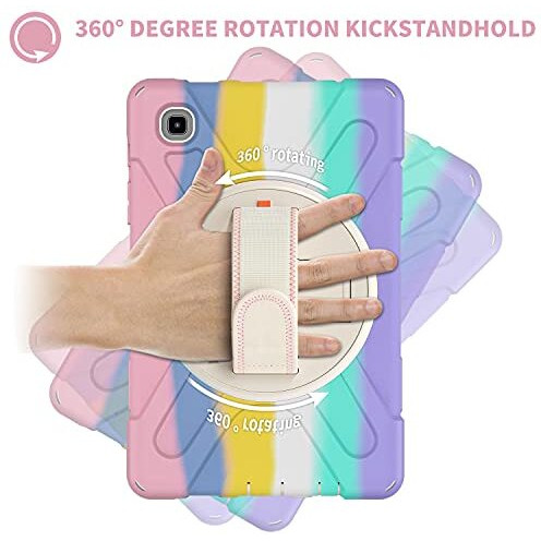 Proelite Rugged 3 Layer Armor Case Cover For Samsung Galaxy Tab A7 Lite 8.7" Sm-T225/T220 Hand Grip And Rotating Kickstand, Rainbow