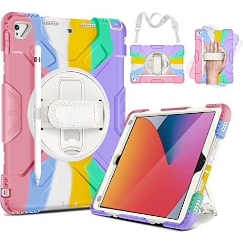 Proelite Rugged 3 Layer Armor Case Cover For Apple Ipad 10.2" 9Th/8Th Gen/7Th Gen With Hand Grip, Pencil Holder And Rotating Kickstand, Rainbow