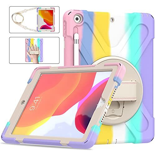 Proelite Rugged 3 Layer Armor Case Cover For Apple Ipad 10.2" 9Th/8Th Gen/7Th Gen With Hand Grip, Pencil Holder And Rotating Kickstand, Rainbow