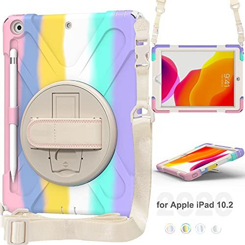 Proelite Rugged 3 Layer Armor Case Cover For Apple Ipad 10.2" 9Th/8Th Gen/7Th Gen With Hand Grip, Pencil Holder And Rotating Kickstand, Rainbow