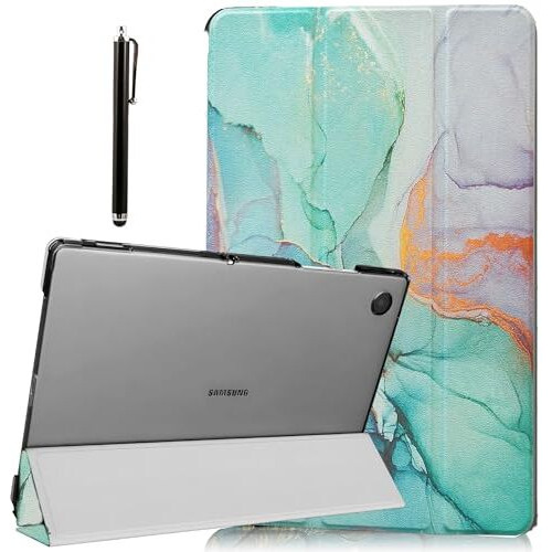 Proelite Cover For Samsung Galaxy Tab A9 8.7 Inch Case Cover, Smart Flip Case Cover For Samsung Galaxy Tab A9 8.7 Inch Translucent Back With Stylus Pen, Marble Green