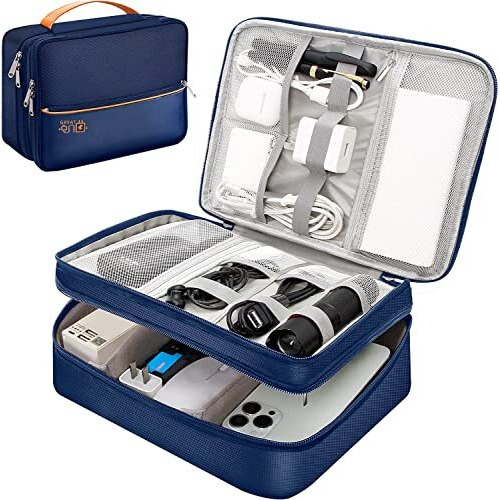 House Of Quirk Polyester Electronics Travel Organizer, Double Layer Cable Organizer Bag Watreproof Electronics Accessories Storage Bag For Cord, Charger, Phone, Power Bank, Hard Drive (Navy Blue)
