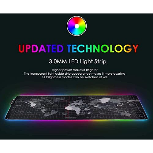 Speed Rgb Gaming Mouse Pad, Non-Slip Rubber Base, Soft Glowing 14 Led Modes Gaming Desk Keyboard Pad Mat - World Map Large Led -78 X 30 Cm