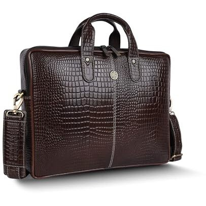 Hammonds Flycatcher Genuine Leather Office Bag For Men, 15.6 Inch Laptop Bag, Professional Leather Bag, Adjustable Straps, Multiple Compartments, 1 Year Warranty - Croc Timber Brown
