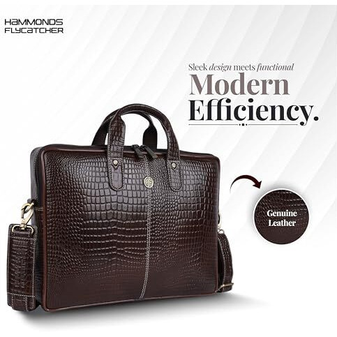Hammonds Flycatcher Genuine Leather Office Bag For Men, 15.6 Inch Laptop Bag, Professional Leather Bag, Adjustable Straps, Multiple Compartments, 1 Year Warranty - Croc Timber Brown