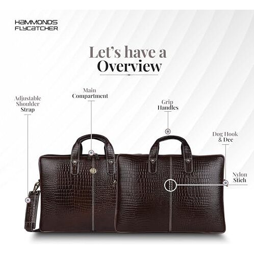 Hammonds Flycatcher Genuine Leather Office Bag For Men, 15.6 Inch Laptop Bag, Professional Leather Bag, Adjustable Straps, Multiple Compartments, 1 Year Warranty - Croc Timber Brown