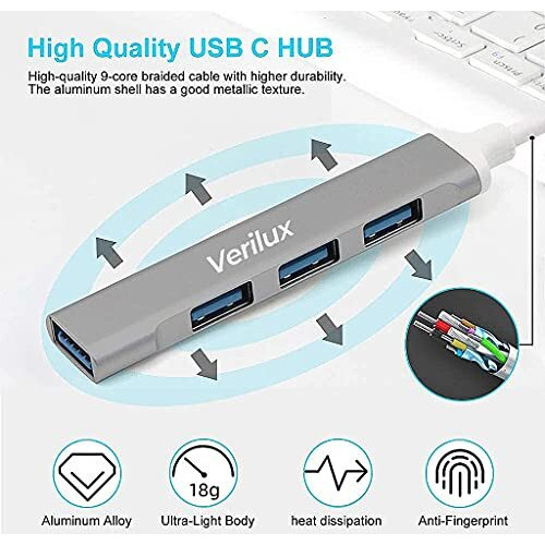 Verilux Usb C Hub Multiport Adapter With 4 Usb Ports High Speed 3.0 Usb Hub For Laptop Usb Type C Hub For Macbook Pro Air C-Type Smartphones Usb Extender With Multi Usb Port For Laptop Type-C Devices
